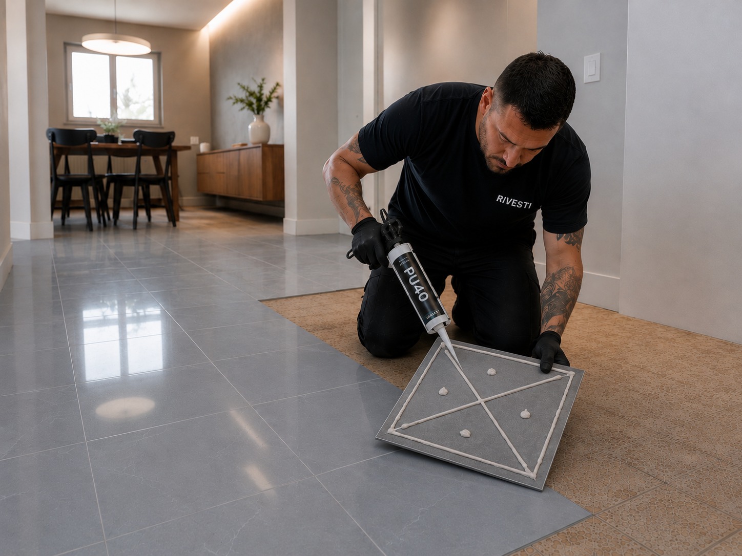 Instalação do Rivesti SafeFloor piso sobre piso, com aplicação de adesivo PU40 no verso da placa para instalar diretamente sobre piso cerâmico existente, sem quebrar ou remover o revestimento antigo